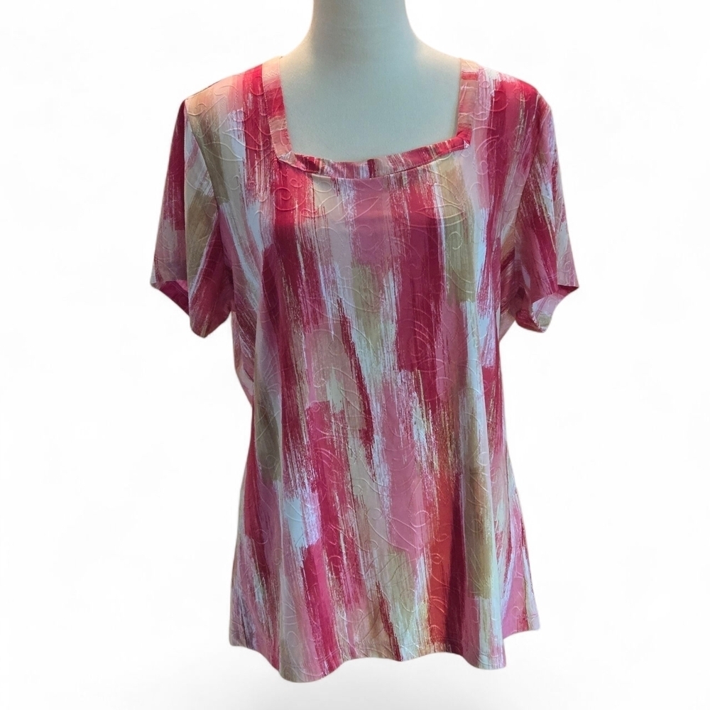 JM Collection Women's L Abstract Embossed Floral Pink and White Pullover Top